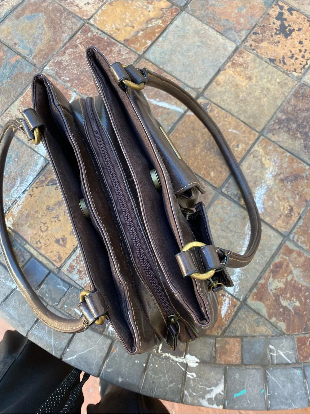 Rosetti Dark Brown Leather Shoulder Bag with Front Flap Pockets